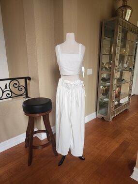 Sequin Hearts White High-Waist Paperbag Wide-Leg Pants